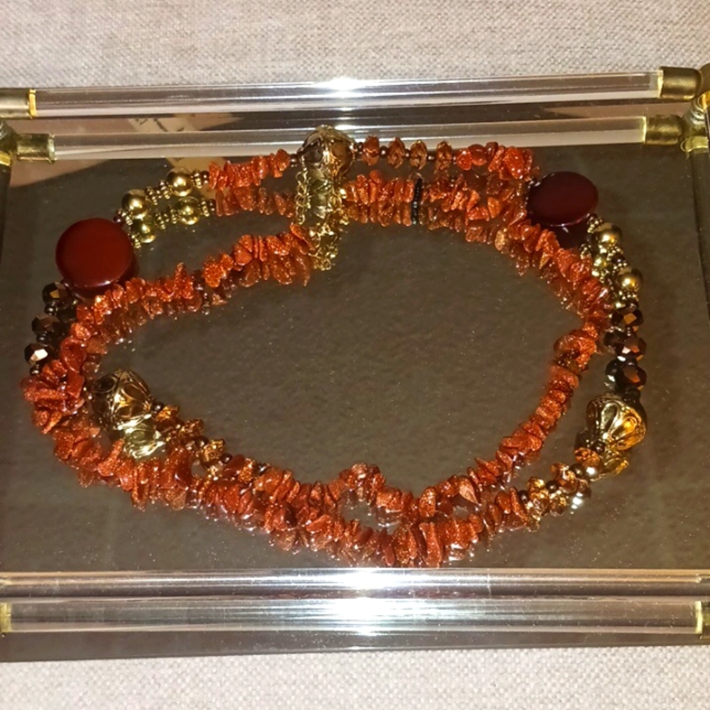Genuine Red Goldstone Tumbled Beaded Necklace with Gold Accect and Gem Beads